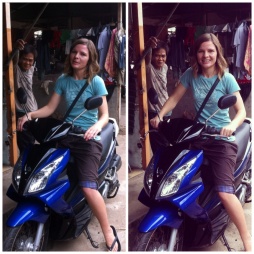 This is the moto Marcie and I bought. I thought this is funny because it shows what I I have to deal with. The first photo is my reaction to Abby complaining about having to take the photo and the right one is my best try at looking happy after a short sharing of angry sister eyes. Ps. Check out the photo bomber!! Lol