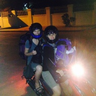 yes i have demon eyes but this is the only picture we got and its worth sharing. Can you SEE how much luggage we had. This is after we arrived in Battambang and rented a moto.